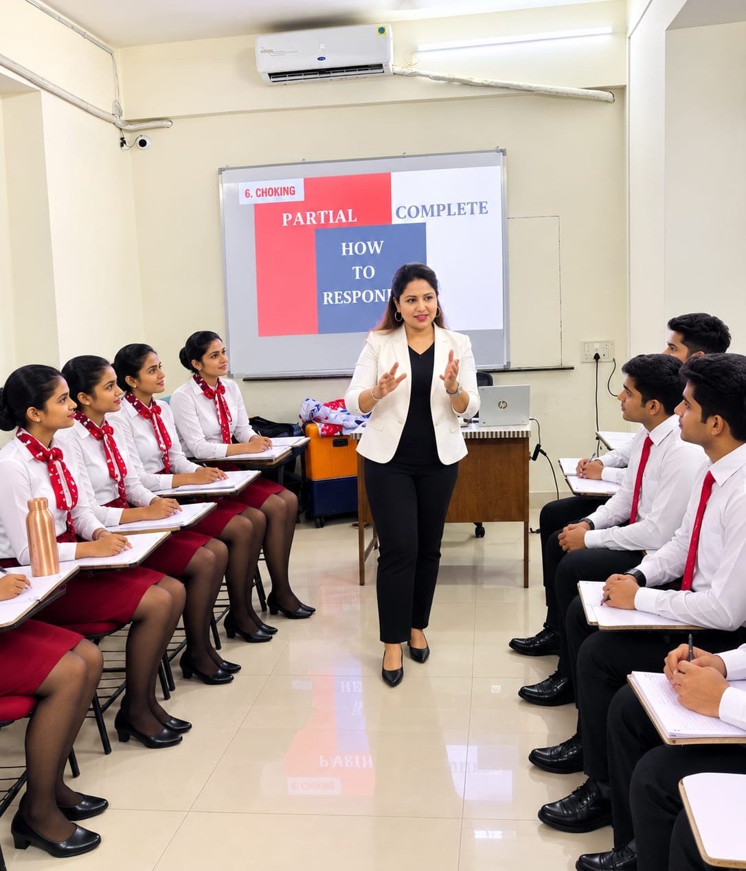 Trainees in cabin crew uniform during an in-class training session